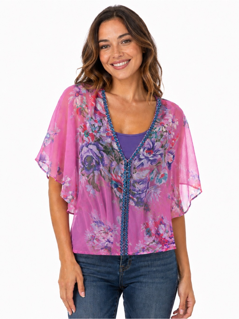 Free People Rose Pink Floral Sheer V-Neck Popover